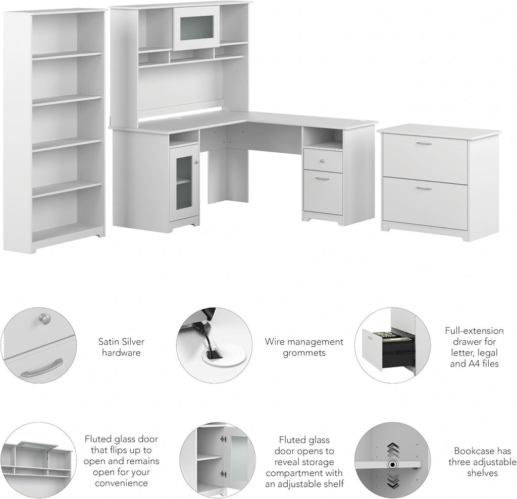 Bush Furniture L Shaped Desk with Hutch, 5 Shelf Bookcase and Lateral File Cabinet | Cabot Collection Corner Computer Table with Storage and Bookshelf | 60Wx23DX37W