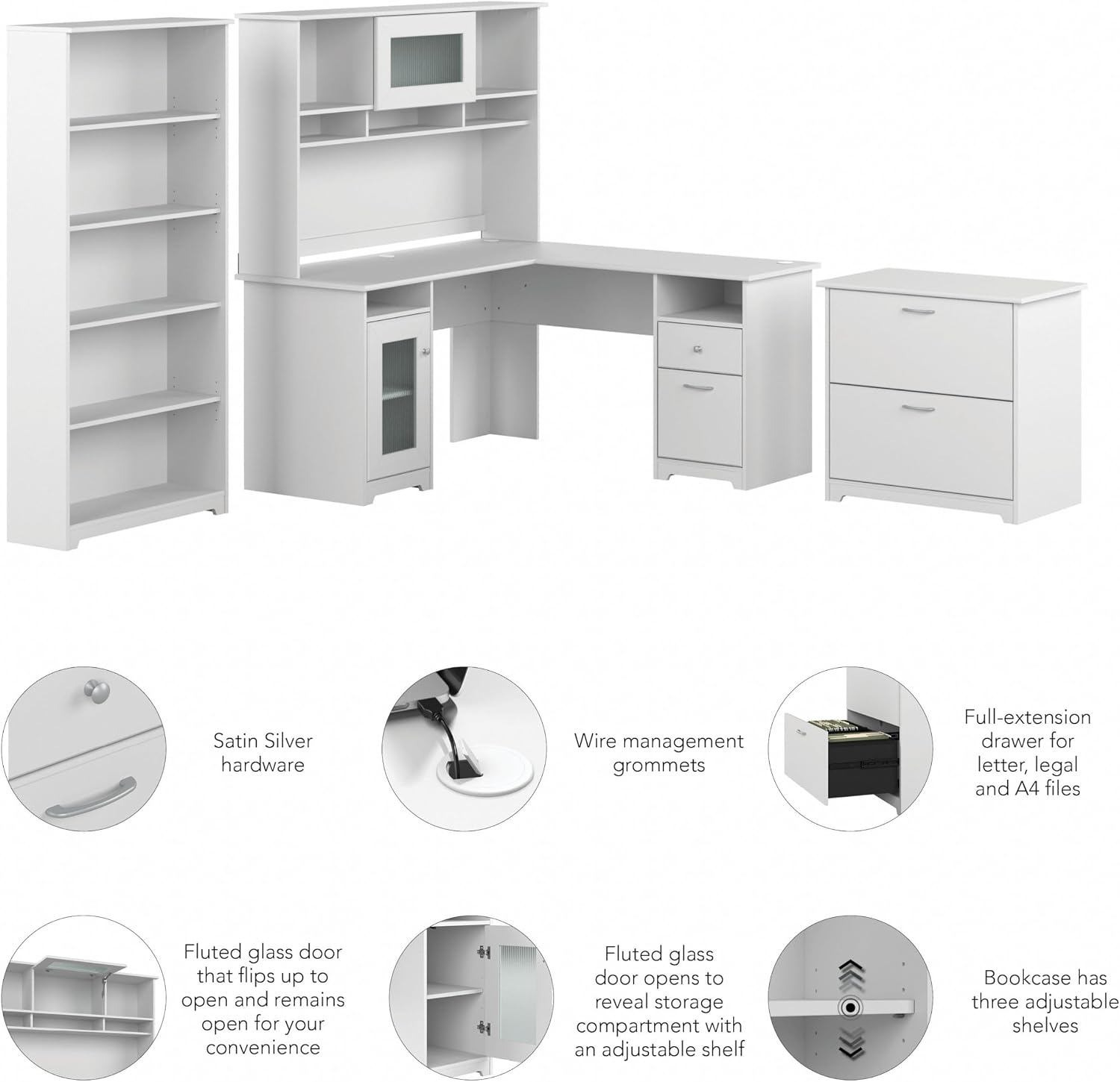 Bush Furniture L Shaped Desk with Hutch, 5 Shelf Bookcase and Lateral File Cabinet | Cabot Collection Corner Computer Table with Storage and Bookshelf | 60Wx23DX37W