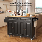 Aiho Kitchen Island Cart with Folding Drop Leaf, 52" Width Mobile Carts with Storage Cabinet, Rolling Kitchen Table with Spice Rack, Towel Rack, and Drawer, Black