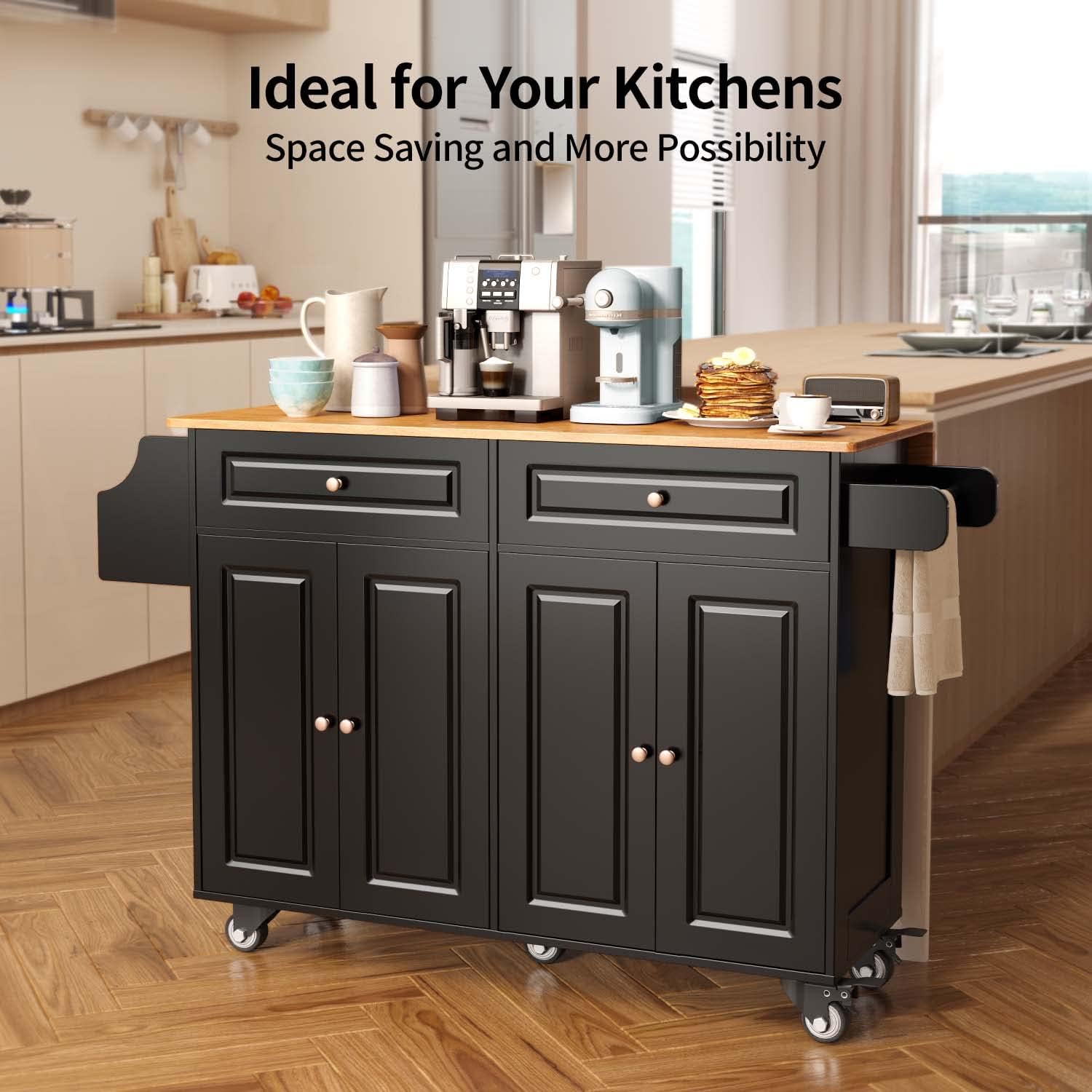 Aiho Kitchen Island Cart with Folding Drop Leaf, 52" Width Mobile Carts with Storage Cabinet, Rolling Kitchen Table with Spice Rack, Towel Rack, and Drawer, Black