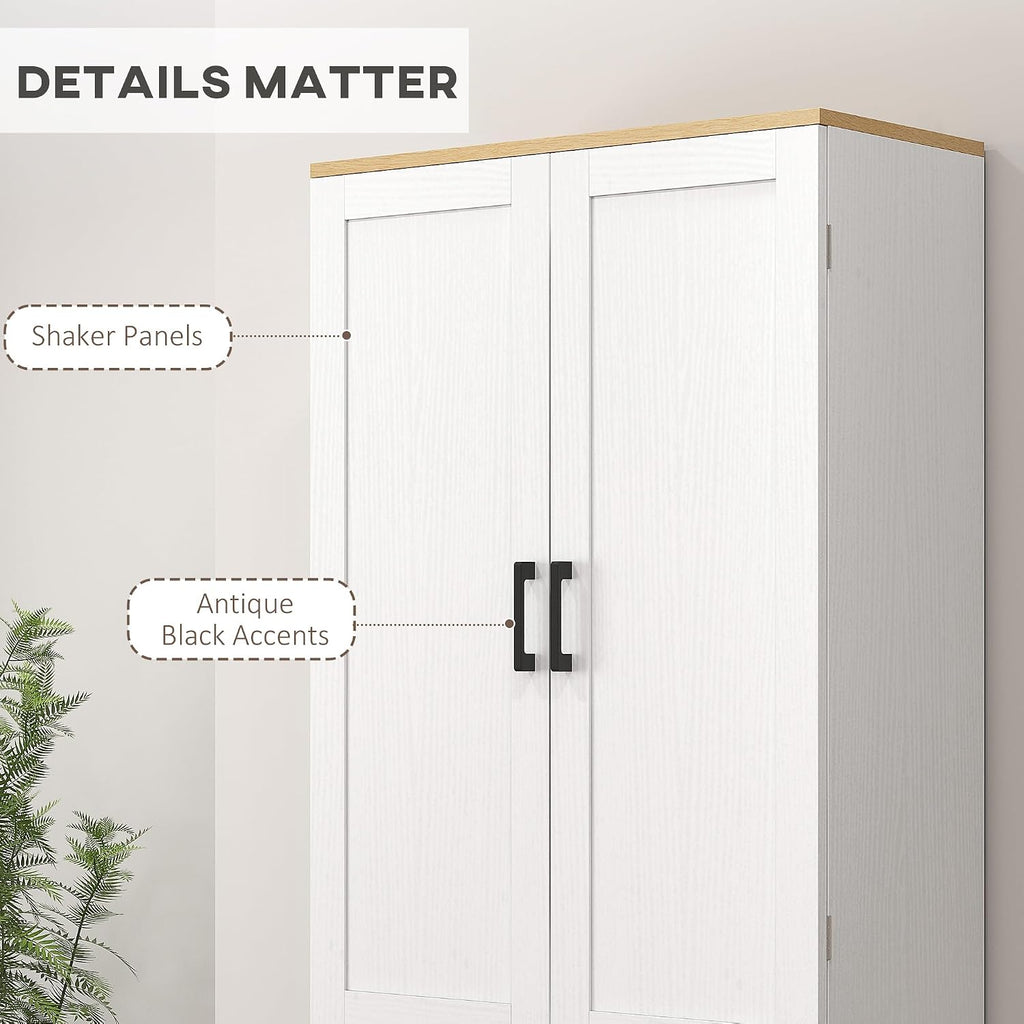 HOMCOM 67" Freestanding Kitchen Pantry, 4-Door Storage Cabinet Organizer with Adjustable Shelves, Kitchen Cabinet with Doors and Shelves, Distressed White