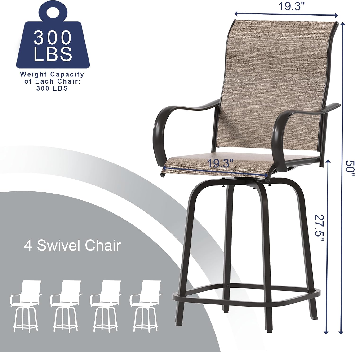 UDPATIO Outdoor Swivel Bar Stools Set of 4,Outdoor High Bistro Stools with Waterproof Textile Fabric,Armrest,Footrest,All Weather Bar Height Patio Chairs for Poolside, Garden, Backyard,Brown