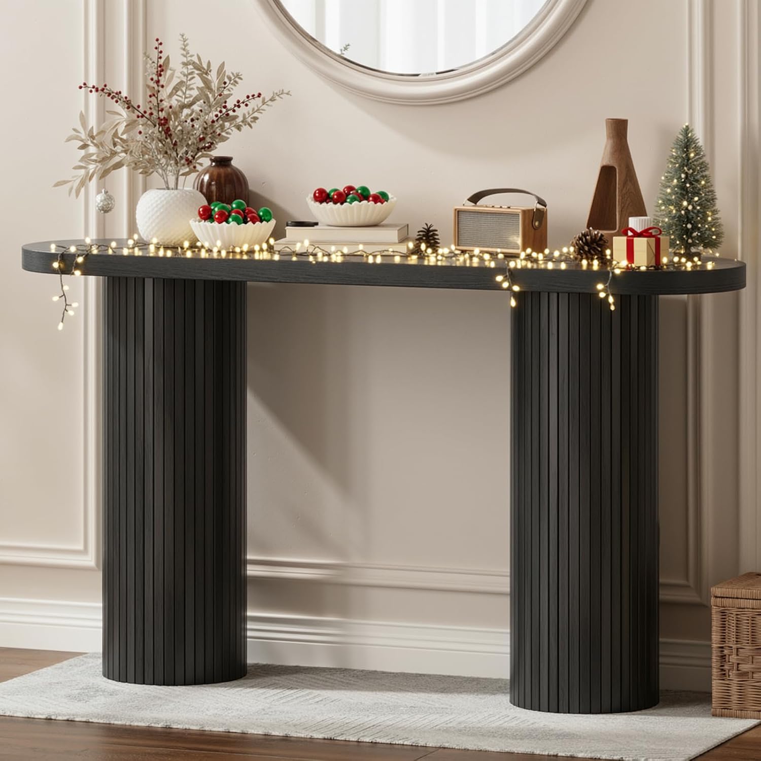 ONBRILL 55 Inch Fluted Entryway Table, Sofa Table Behind The Couch, Long Console Tables, Modern Entrance Stand for Hallway, Living Room Foyer, Farmhouse Style (Black)