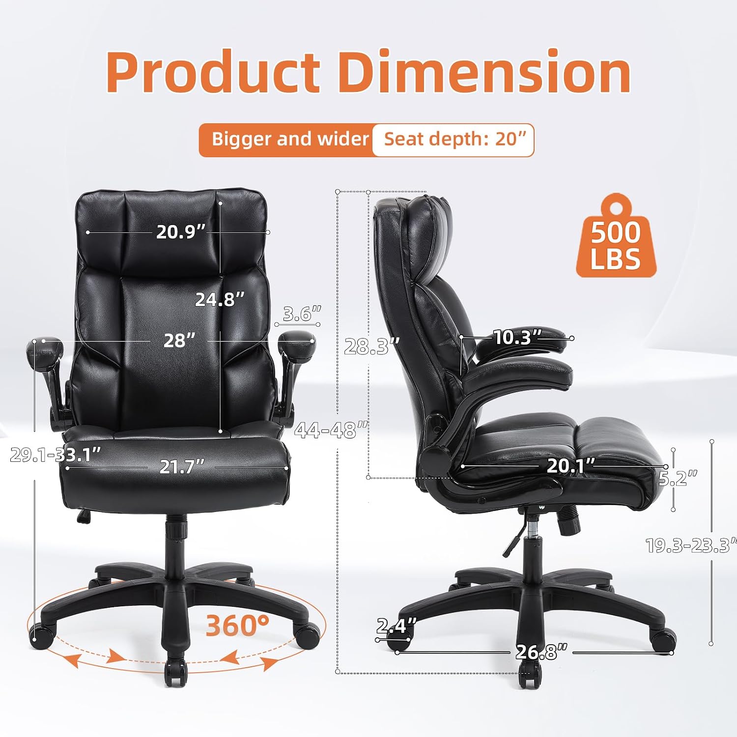 ESTRUCO Big and Tall Office Chair 500lbs Wide Seat Executive Office Desk Chair High Back Computer Gaming Chair,Flip-Up Armrest,Lumbar Support Computer Chair for Heavy People(Brown,Classical)