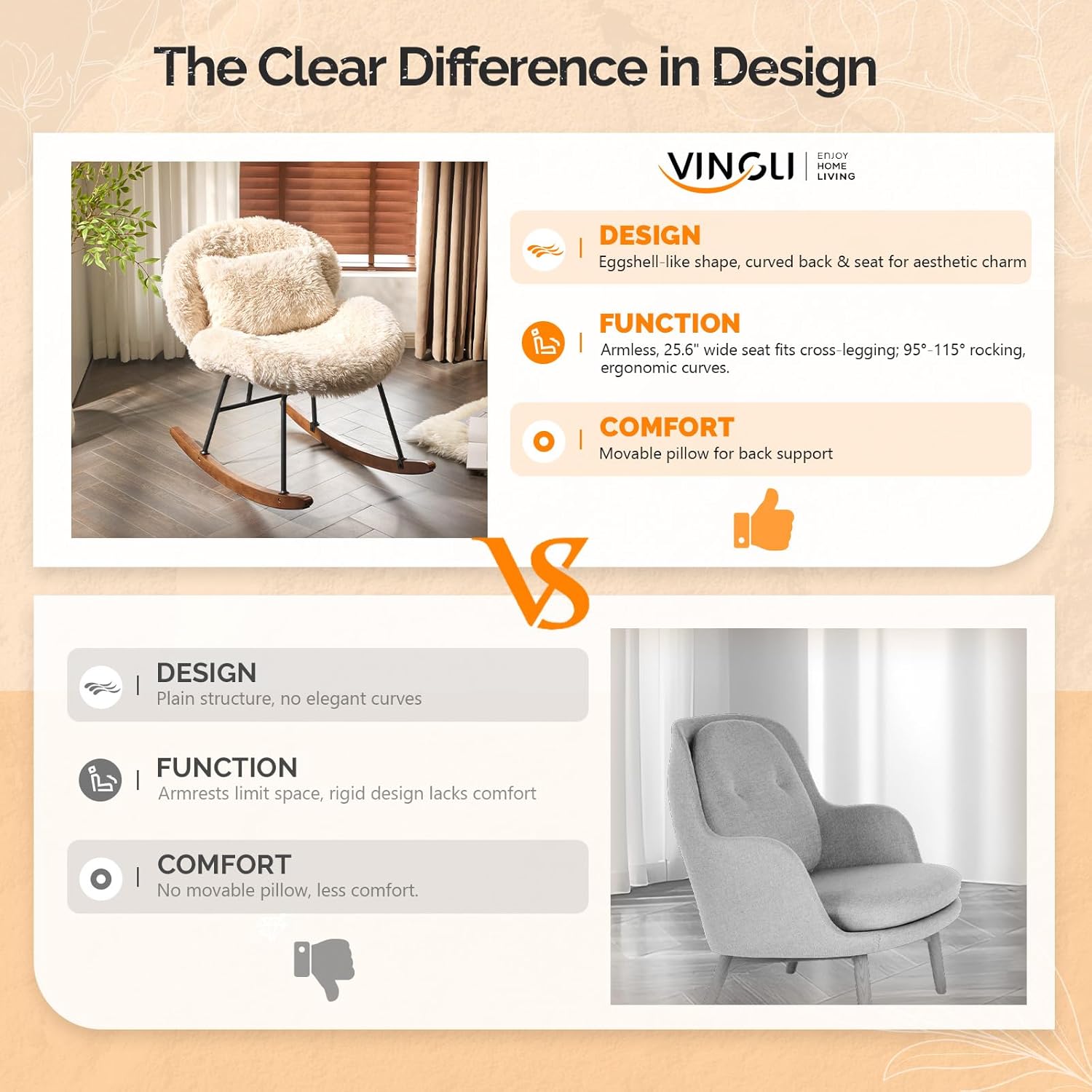 VINGLI 25.6" Extra Wide Criss Cross Nursery Rocking Chair,Cute Curved 115° Reclining Armless Glider,Plush Small Rocker w/Pillow & Solid Wood for Indoor,Bedroom, Living Room,Fluffy Fleece,Sandy Beige