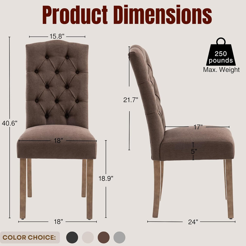 Tufted Upholstered Parsons Dining Chair Set Fabric Diner Accent Stylish Modern Kitchen Living Room with Button Sturdy Solid Wood Legs, 2-Pack