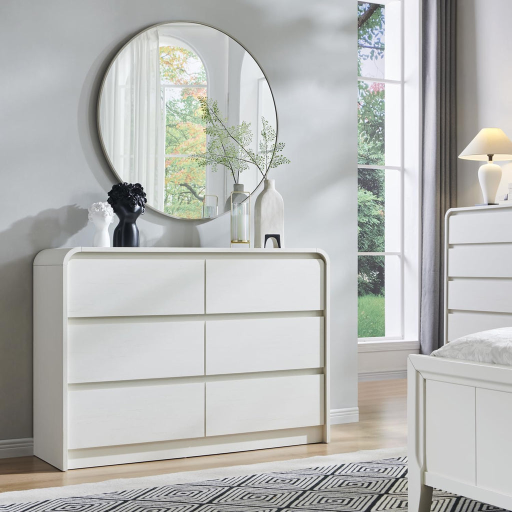 Aitjunz Modern Sideboard Buffet Cabinet with 6 Storage Drawers, 47" Wide Large Kitchen Buffet Cabinet w/Curved Profile Design, 33.8'' Tall Wood Coffee Bar Table for Dining Room, Antique White