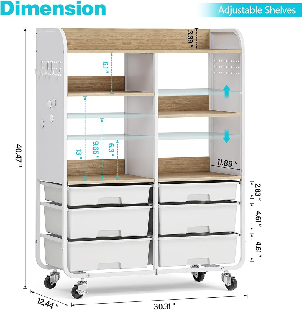 6-Drawer Rolling Storage Cabinet with Wooden Top & Pegboards，Utility Craft Cart with 2 Adjustable Shelves and Lockable Wheels,Mobile Organizer for School Dorm,Classroom,Artroom,Craftroom (White)