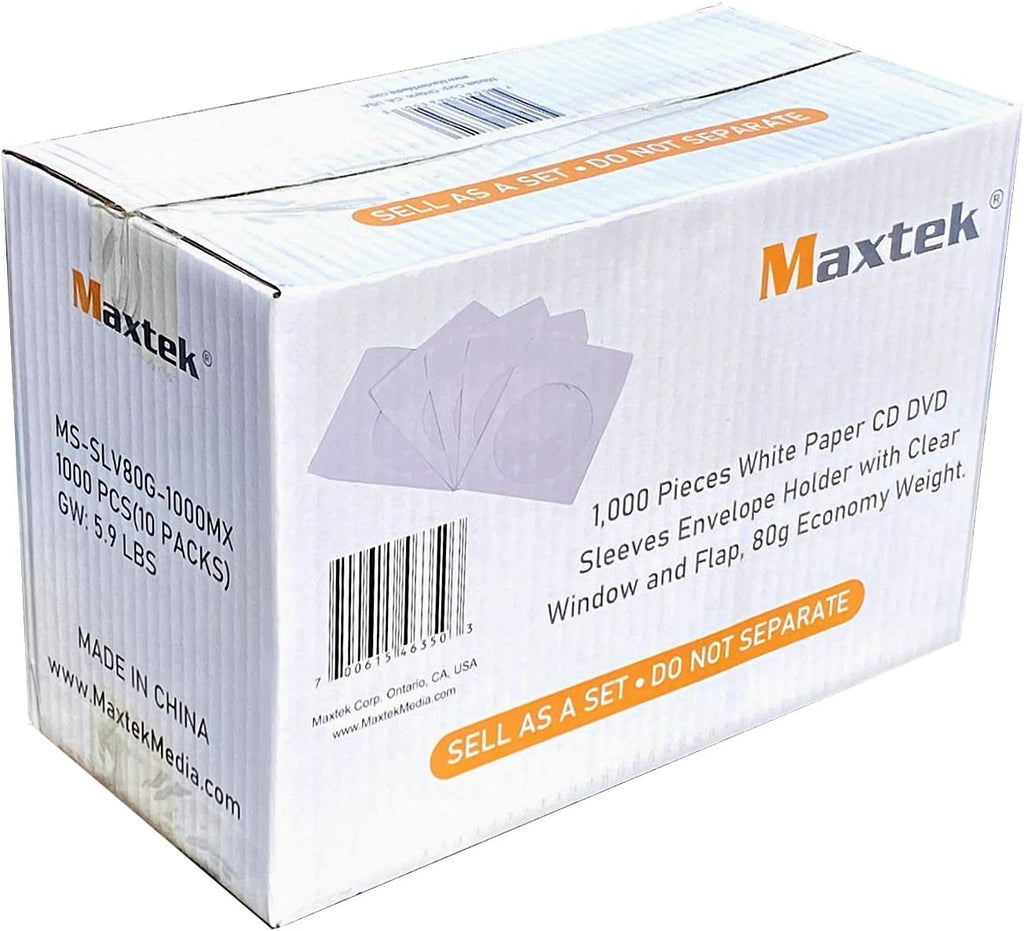 Maxtek 1,000 Pieces White Paper CD DVD Sleeves Envelope Holder with Clear Window and Flap, 80g Economy Weight.