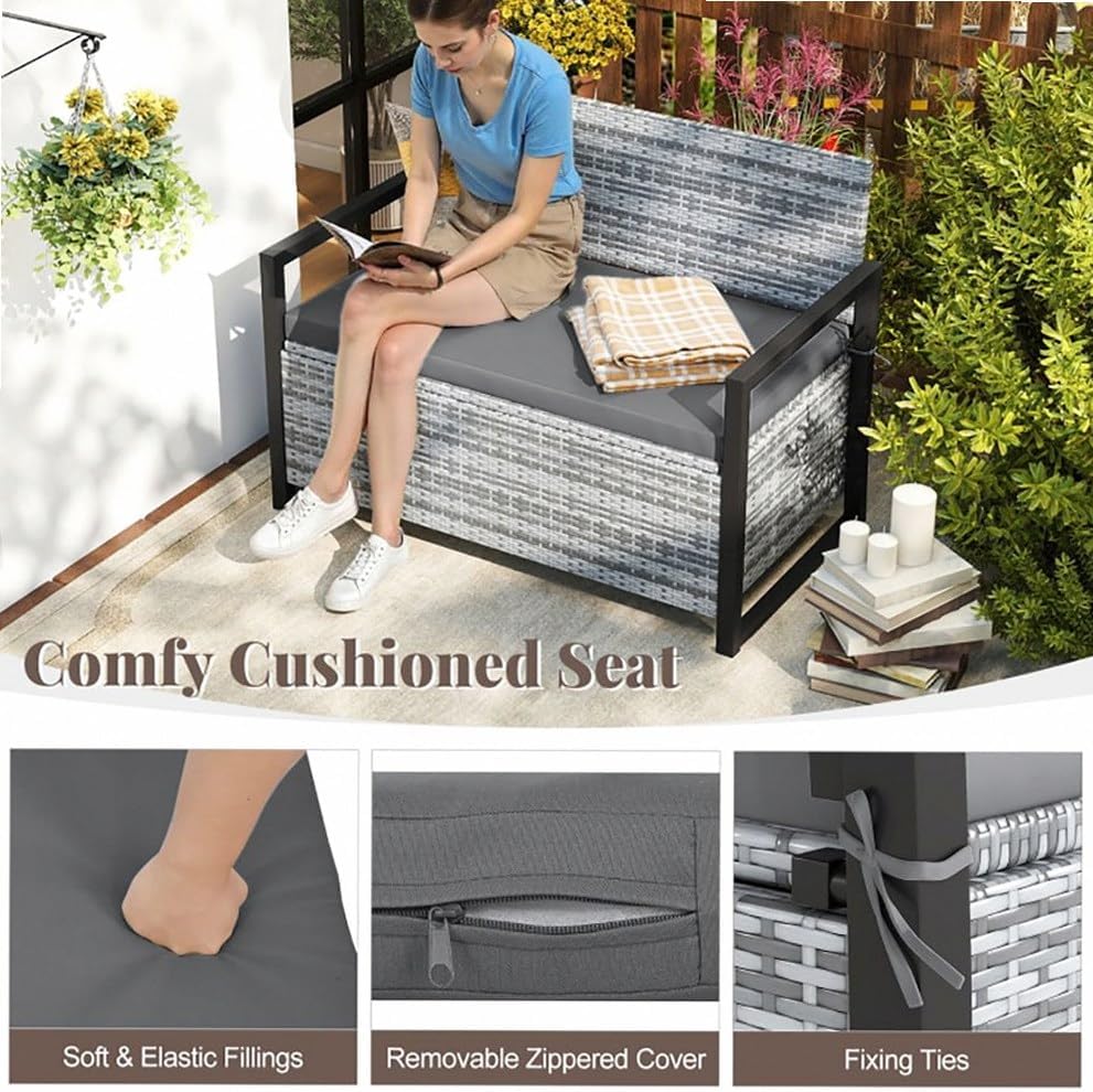 Gray Rustic PE Rattan Outdoor Storage Bench 24.5x46x33.5in, 800lb Capacity, 40 Gal Under-Seat, Weather-Resistant for Patio