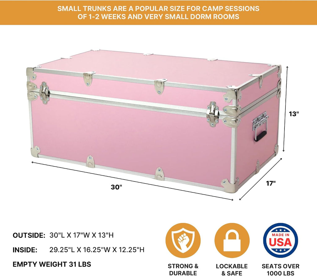 Rhino Trunk & Case Small Essential Trunk With Wheels, Tray, & Lid Organizer - 30"x17"x13", 1000+ lbs Capacity. Strong, USA Made Summer Camp Footlocker, and Secure College Dorm Storage Chest