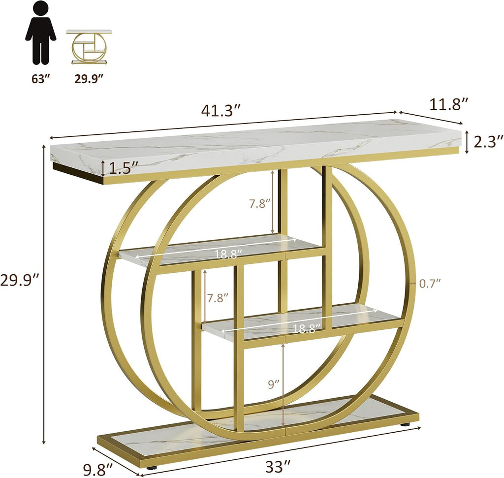41.3" Console Table, Modern Sofa Table with Circle Base, 4-Tier Narrow Entryway Table for Hallway, Slim Industrial Accent Table with Storage Shelves for Living Room, White & Gold