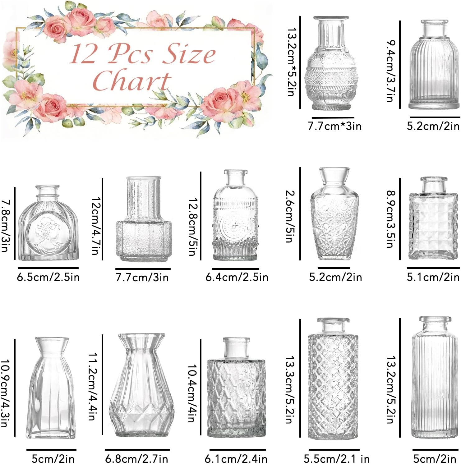 12 Pcs Glass Bud Vase Set, Small Glass Vases for Flowers, Mini Clear Bud Vases for Centerpieces, Wedding, Home, Office and Table Decoration, Clear