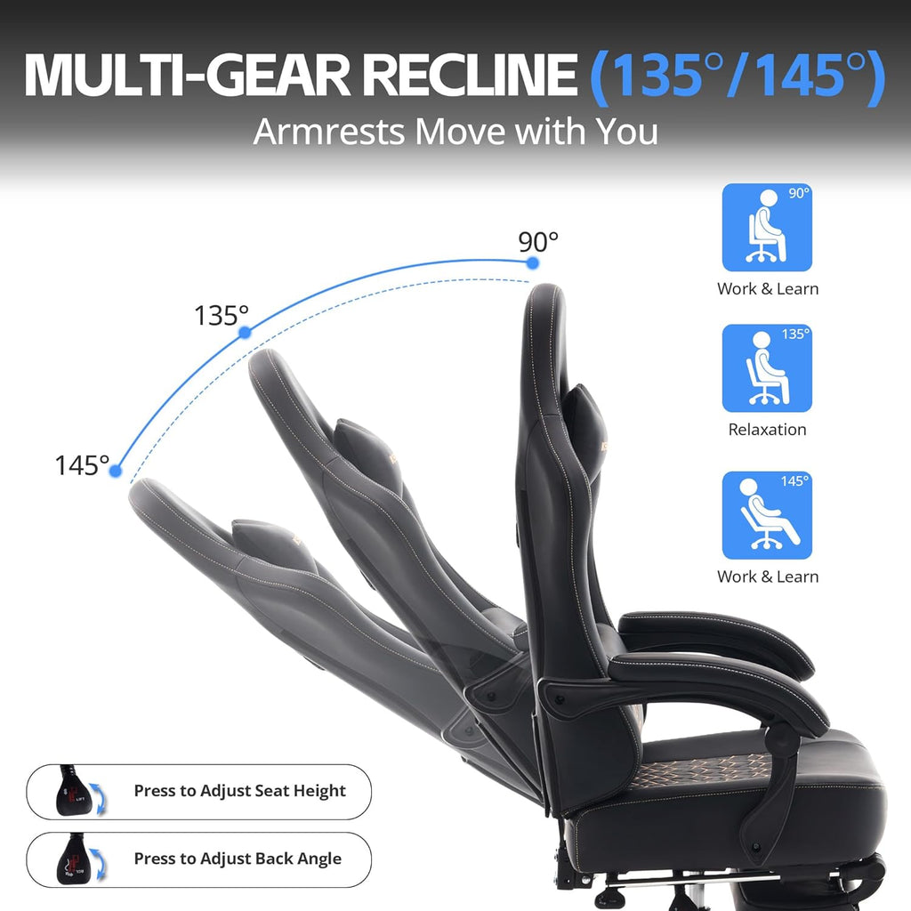 Gaming Chair Breathable Leather with Pocket Spring Cushion, Wide and High Ergonomic Office Chair with Headrest, Computer Gaming Chair with Footrest for Adult and Teen (Black Leather)