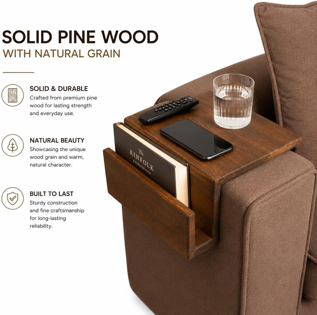 Wooden Sofa Armrest Mini Table & Storage Couch Arm Tray Side with Book or Remote Control Holder, Solid Pine for Living Room - Walnut Brown 7.5" (19 cm) Armrest