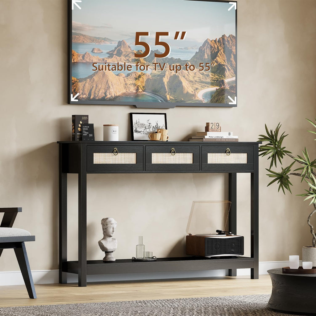 LAZZO Rattan Console Table Boho Entryway Table Narrow Long Sofa Table Hallway Foyer Table Behind Couch Table with 3 Drawers and Open Storage Shelf for Living Room and Corridor Black