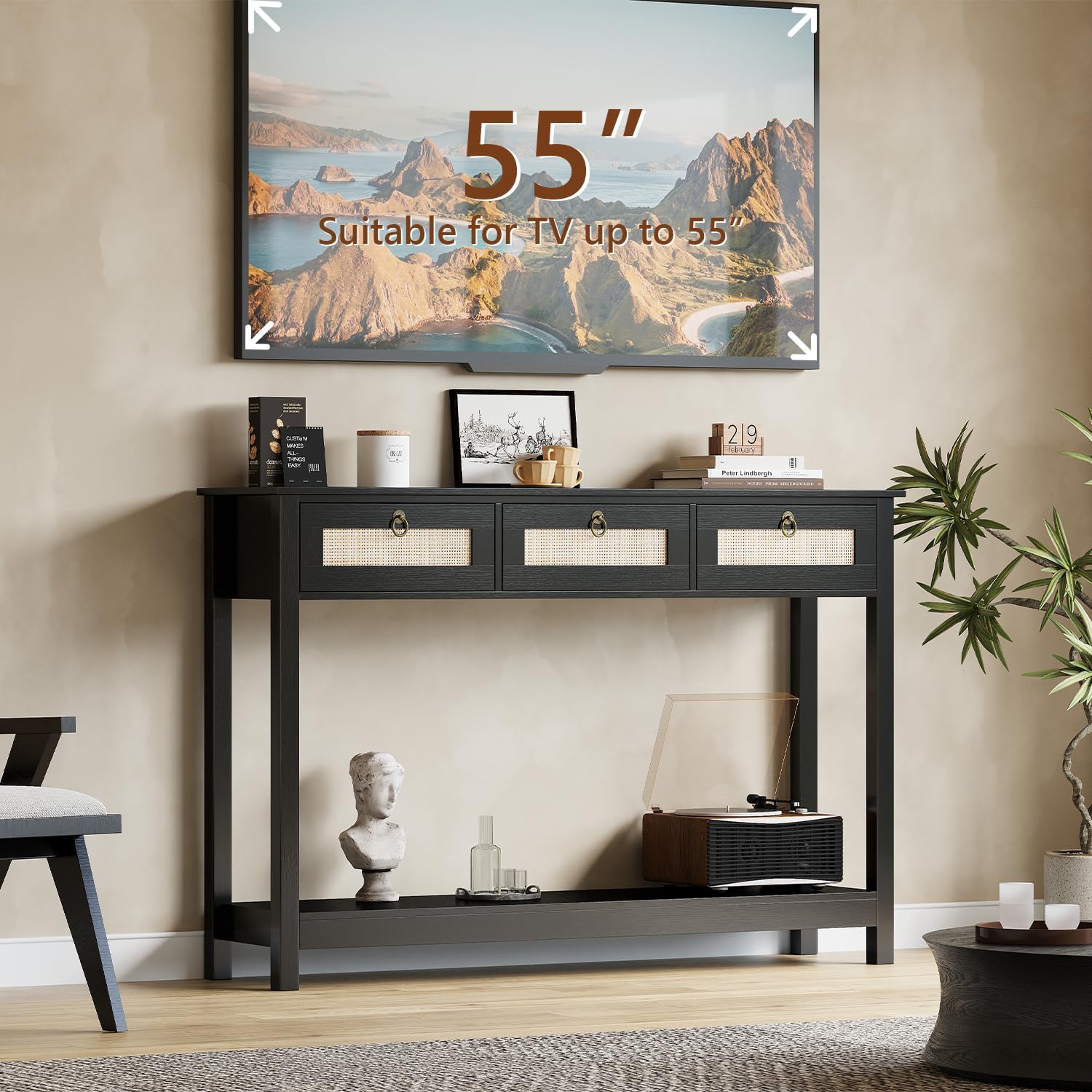 LAZZO Rattan Console Table Boho Entryway Table Narrow Long Sofa Table Hallway Foyer Table Behind Couch Table with 3 Drawers and Open Storage Shelf for Living Room and Corridor Black