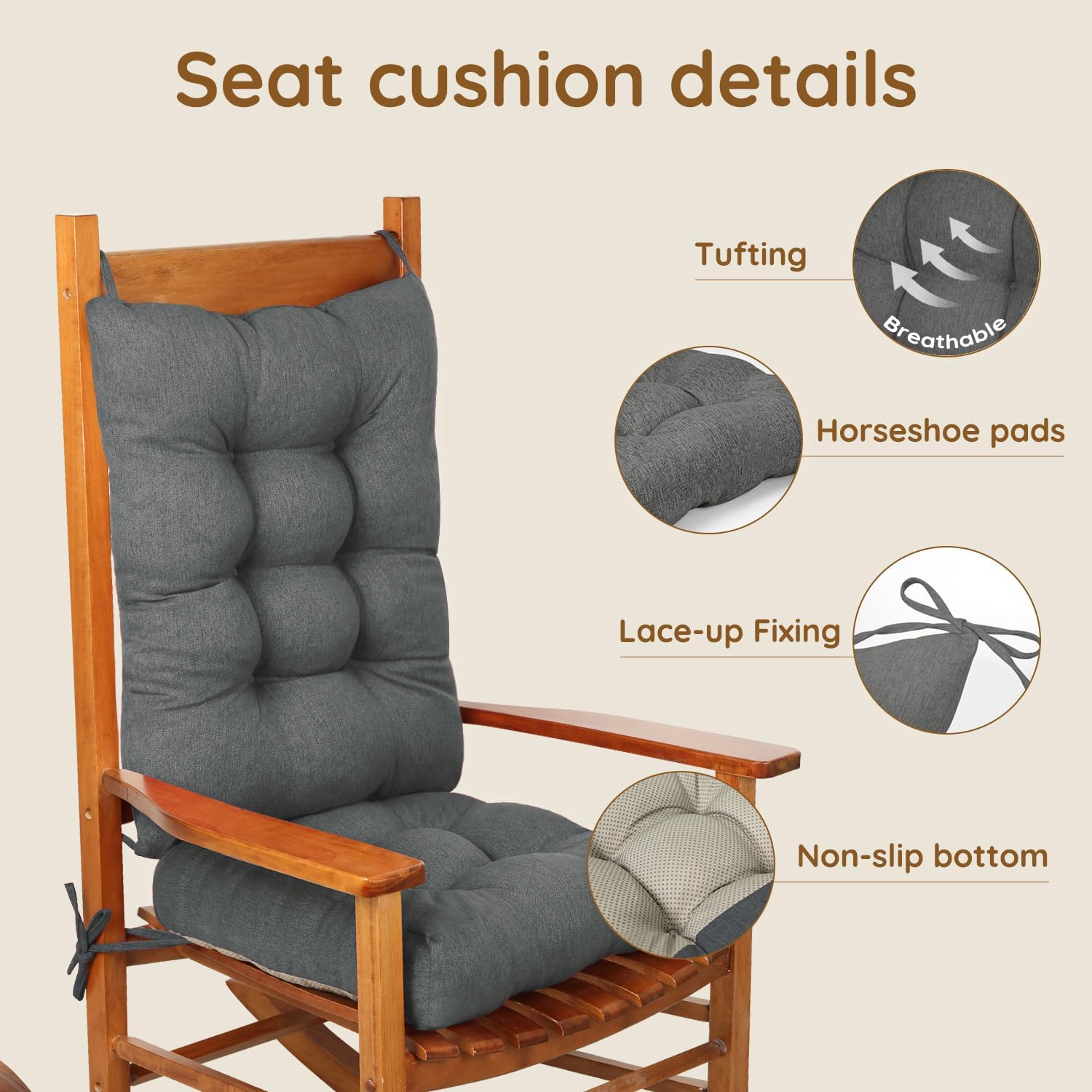 Non-Slip Rocking Chair Cushion Set with Thick Tufted Design, Set of Seat & Back Cushion with Ties for Rocking Chair Cushions Indoor,Classic Linen Fabric(21×17/17×17,Dark Gray)