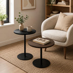 Round Side Table Set of 2, End Tables for Living Room Bedroom, Small Nesting Accent Table Nightstand with Sturdy Metal Base, Wood-Look Circular Couch Tables for Small Spaces, Walnut Brown & Black