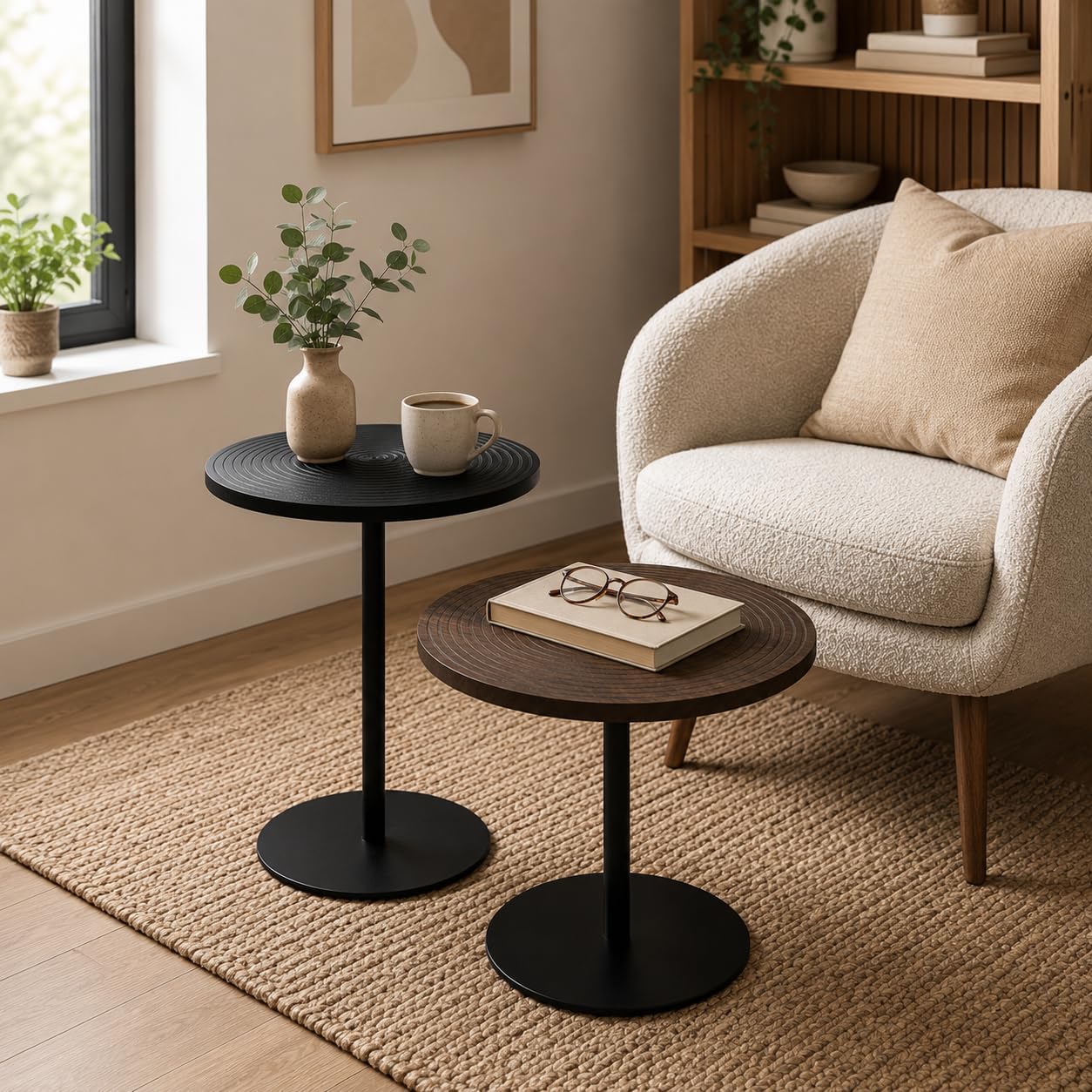 Round Side Table Set of 2, End Tables for Living Room Bedroom, Small Nesting Accent Table Nightstand with Sturdy Metal Base, Wood-Look Circular Couch Tables for Small Spaces, Walnut Brown & Black