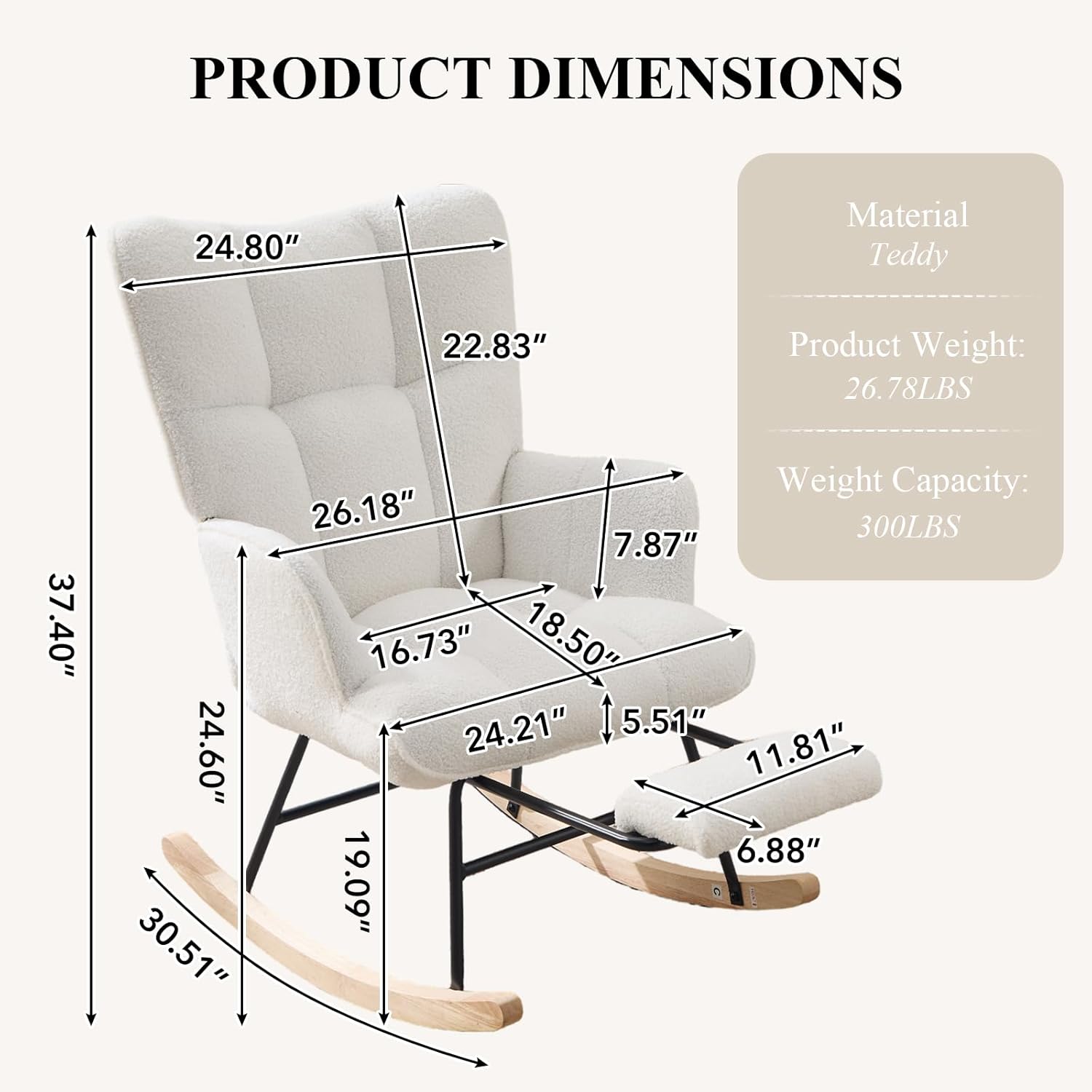 Nursery Rocking Chair with Footrest, Teddy Upholstered Glider Rocker with Side Pocket, Leisure Rocker Chair with High Back, Recliner Rocking Chair, Accent Reading Chair for Bedroom (White)