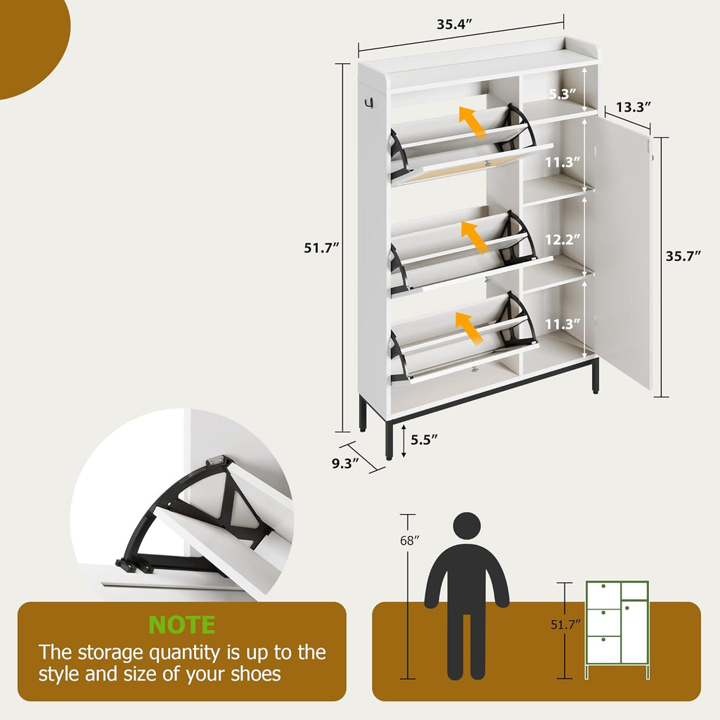 GarveeHome Shoe Cabinet Rattan with 3 Flip Drawers and 4-Tier Shoe Storage Cabinet, Freestanding Shoe Organizer with Adjustable Shelves for Entryway, Closet, Hallway (White)