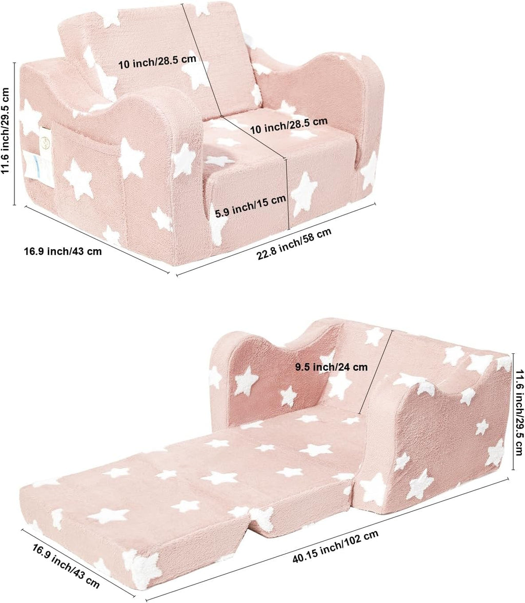 KokoSelene Toddler Couch, Kids Couch for Toddler Fold Out, 2-in-1 Convertible Kid Sofa to Lounger Bed for Girls and Boys, Ideal for Reading Sleeping Gaming Decor (Pink)
