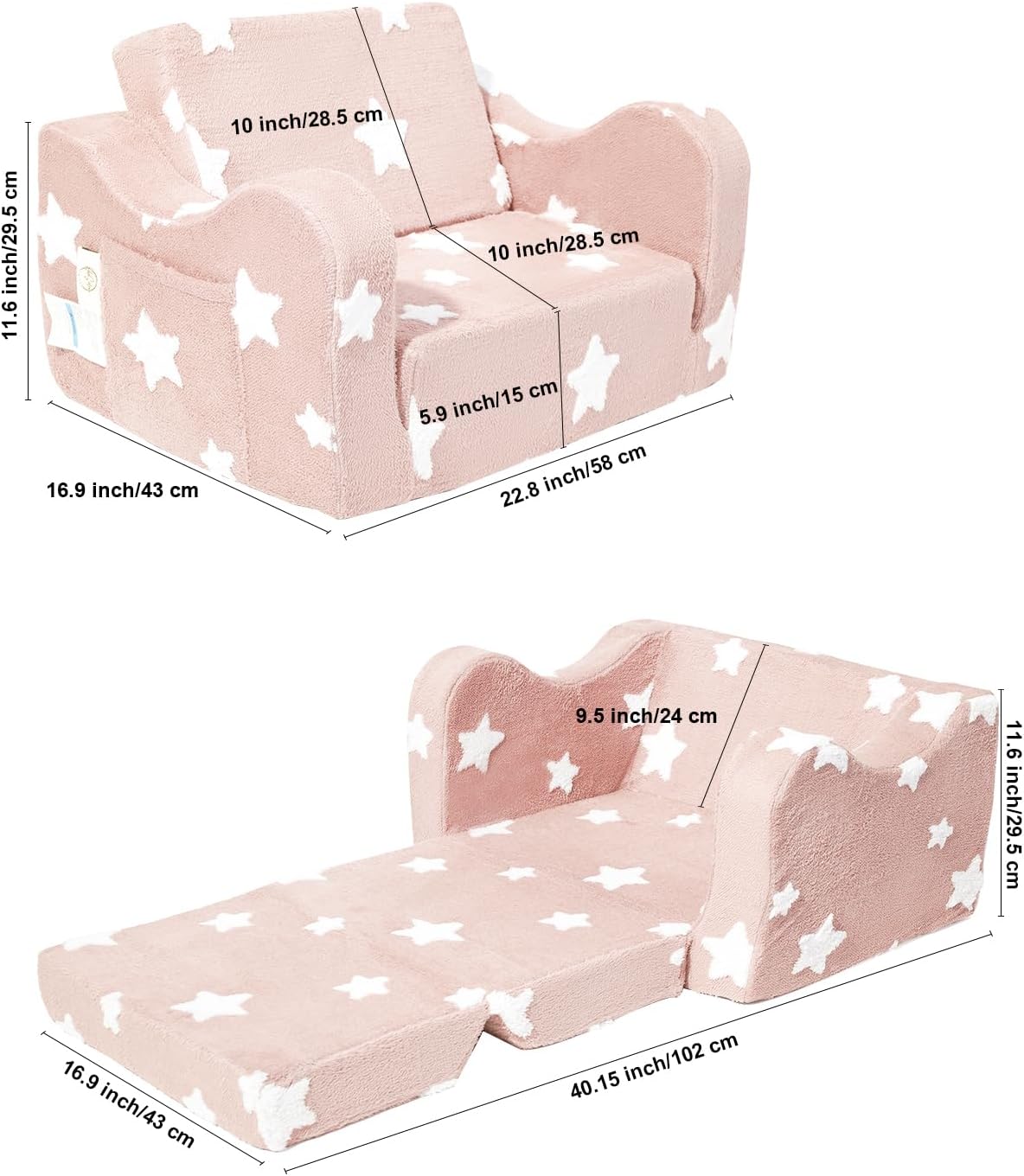 KokoSelene Toddler Couch, Kids Couch for Toddler Fold Out, 2-in-1 Convertible Kid Sofa to Lounger Bed for Girls and Boys, Ideal for Reading Sleeping Gaming Decor (Pink)