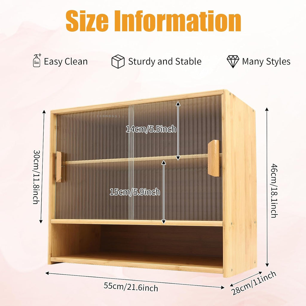 Small Bamboo Kitchen Pantry Sideboard, 3Tiers Freestanding Countertop Storage Cabinet with 2 Acrylic Doors Black Storage Shelf, Sliding Pantry Cabinet for Home Bar, Coffee Bar (Log-Colored)