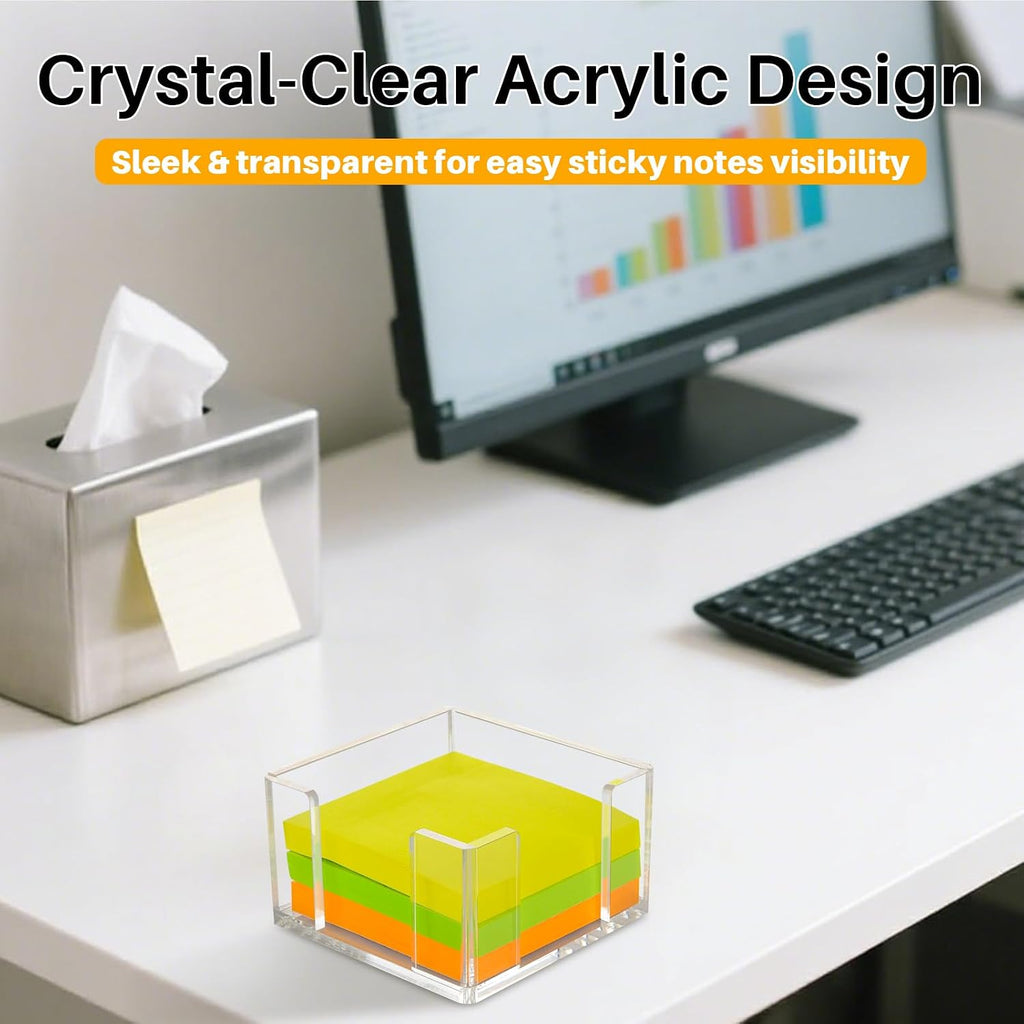 Acrylic Sticky Note Holder, 3x3 Inch Clear Dual Openings Square Notepad Organizer with Anti-Slip Base, Sticky Note Dispenser Memo Holder Case for Desk Office School Supplies(No Pads)