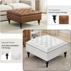 Storage Ottoman Coffee Table, Large Ottoman with Storage Oversized Square Footstool with Anti-Slip Embedded Lid, Tufted Upholstered Ottomans for Living Room, White Faux Leather