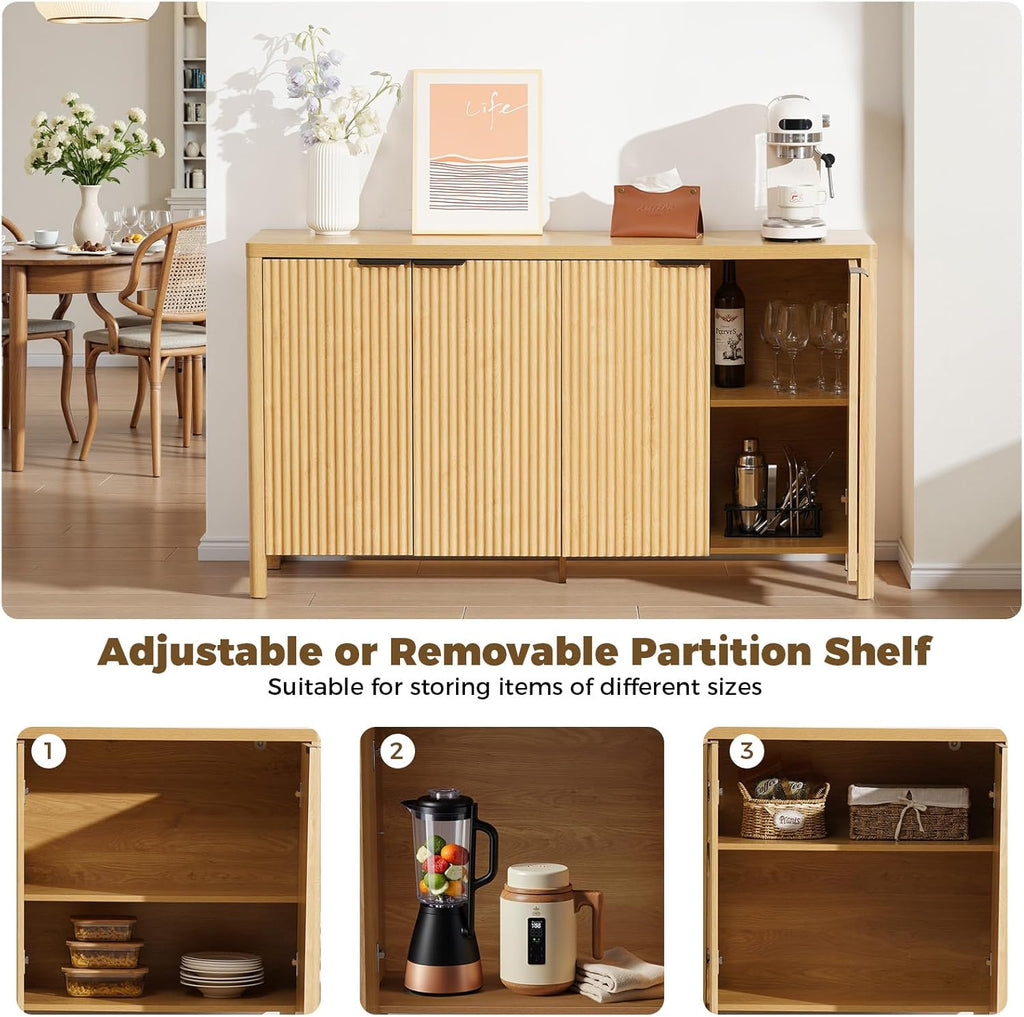 HOMMPA 55'' Sideboard Buffet Cabinet with Storage Fluted Sideboard Buffet with Adjustable Shelves Coffee Bar Console Table Cabinet for Hallway Entryway Living Room or Kitchen Natural