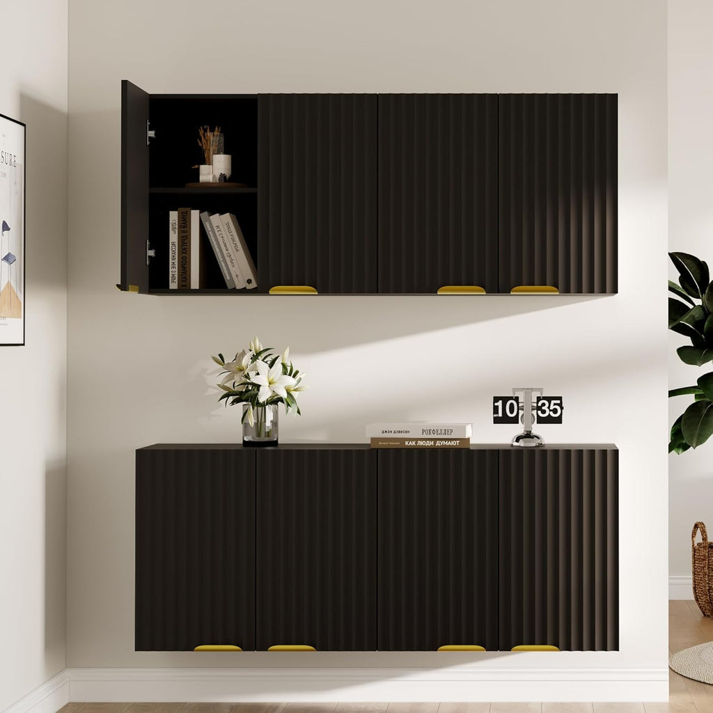 ChooChoo 4 Doors Wall Cabinet Laundry Room, Bathroom Wall Cabinet with Adjustable Shelf, Fluted Wall-Mounted Medicine Cabinet, Storage Cabinet for Kitchen, Garage, Black