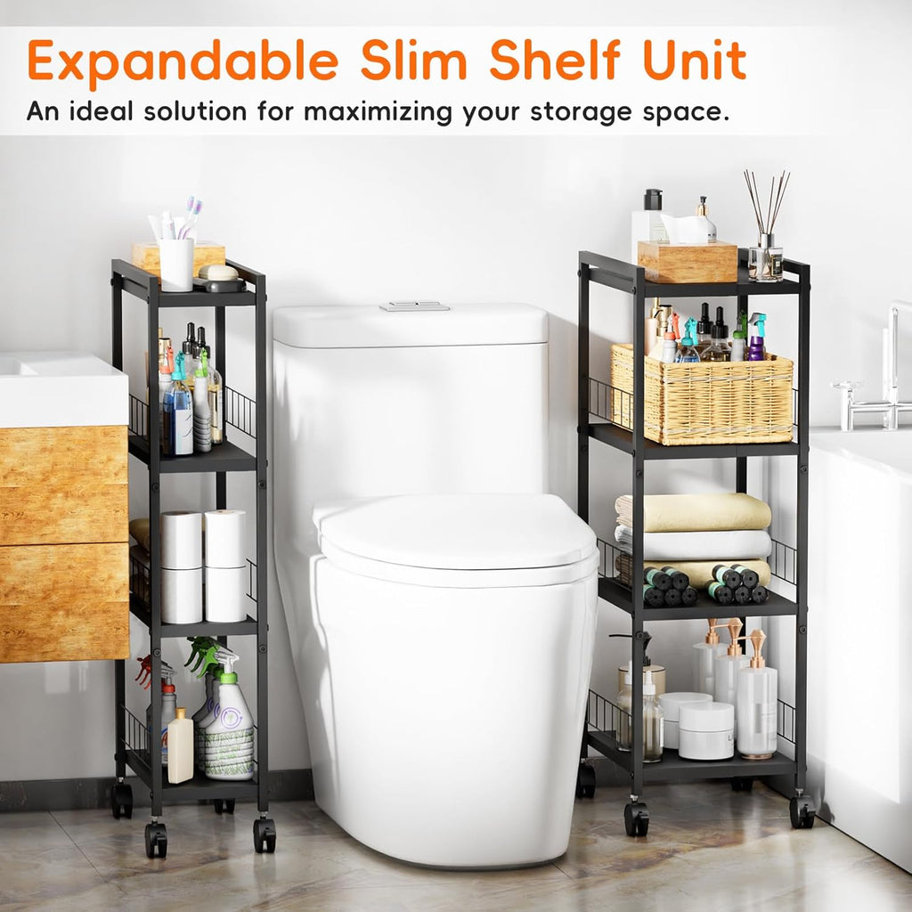 Expandable Slim Storage Cart with Wheels, 4 Tier Narrow Metal Rolling Utility Cart Organizer Adjustable Open Floor Shelving Unit for Small Spaces Bathroom Laundry Room Kitchen