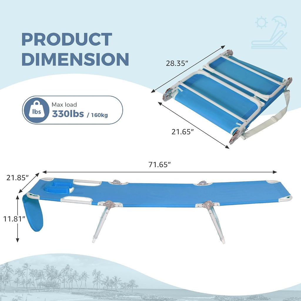 Folding Tanning Chair with Face Hole Set of 2, 3-Position Adjustable Patio Lounge Chair, Outdoor Sunbathing Chaise with Pillow, Portable Lightweight for Beach Pool Lawn Yard, Blue