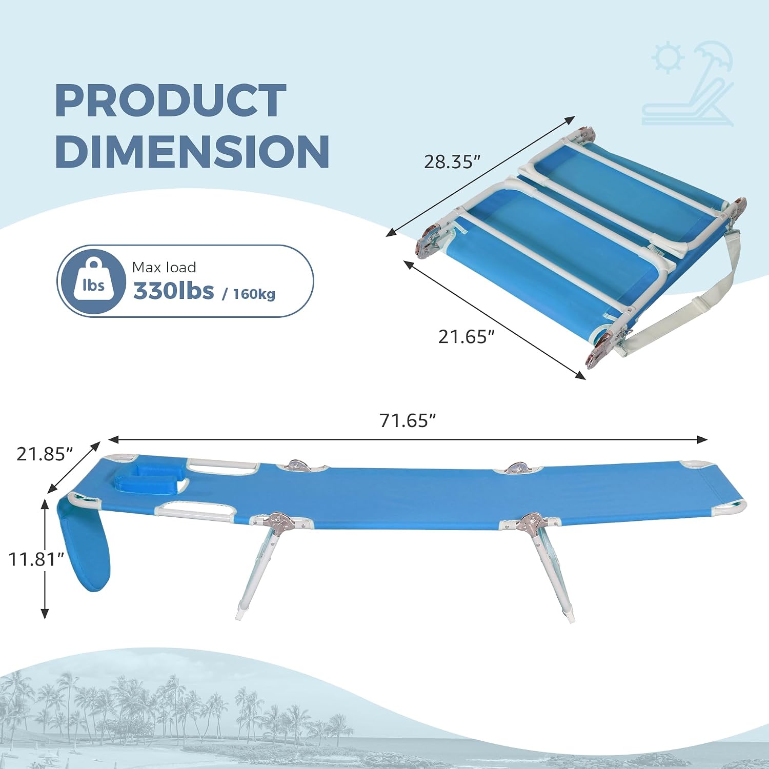 Folding Tanning Chair with Face Hole Set of 2, 3-Position Adjustable Patio Lounge Chair, Outdoor Sunbathing Chaise with Pillow, Portable Lightweight for Beach Pool Lawn Yard, Blue