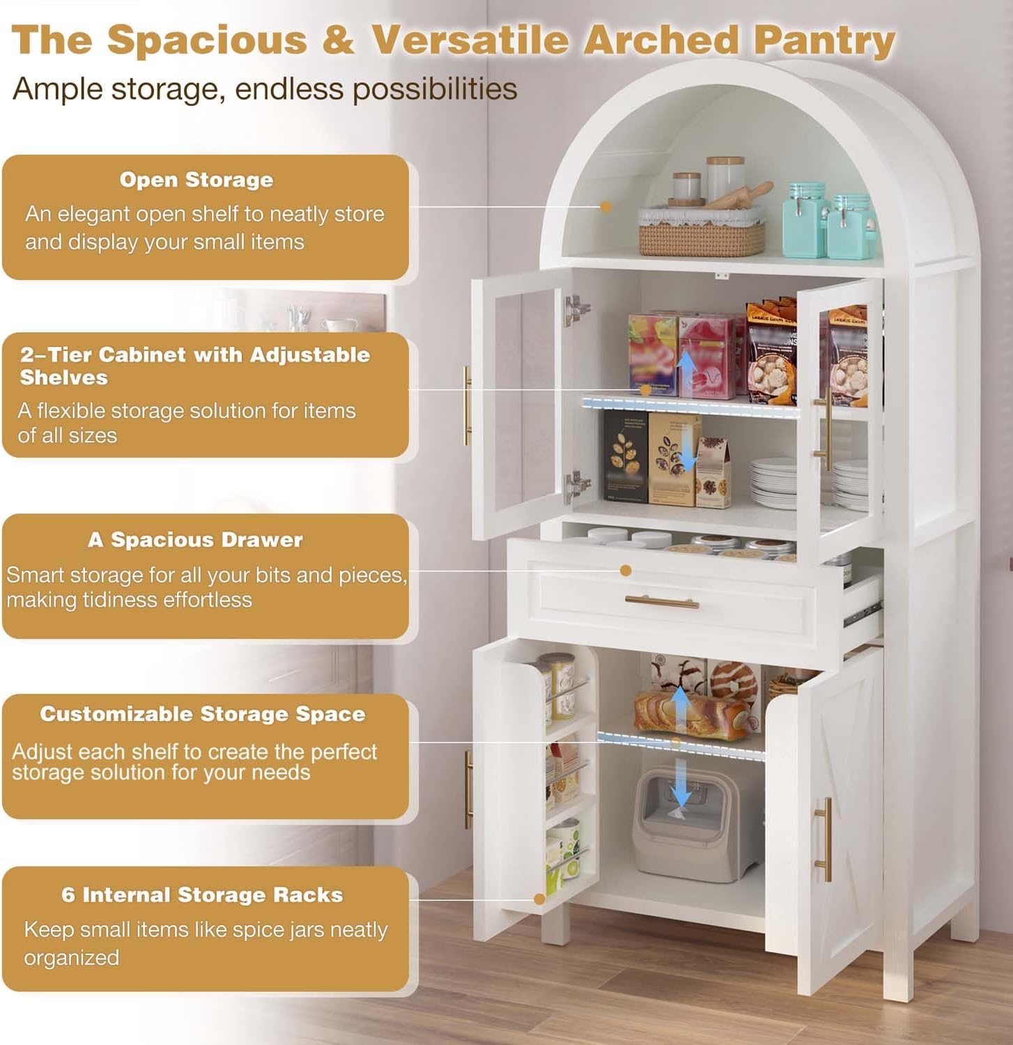 71" Arched Farmhouse Pantry Cabinet with Glass Barn Door, Versatile Cupboard with Adjustable Shelf Wood Storage Cupboard for Kitchen, Living & Dining Room (White)