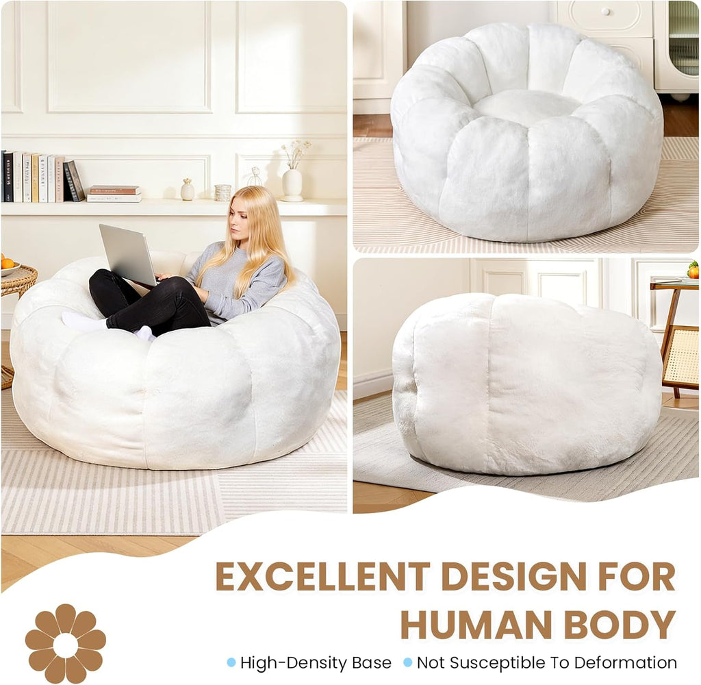 Flower Bean Bag Chair for Teens and Young Adults, Soft Faux Fur Floor Seating with Memory Foam, Aesthetic Room Decor Cozy Lounger for College Dorm, White