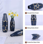 Blue and Gold Ceramic Vase Set of 3, Geometric Decorative Ellipse Vases for Living Room Shelf, Mantel, Table Centerpieces, Bathroom Countertop, Modern Rustic Farmhouse Home Decor (Blue)
