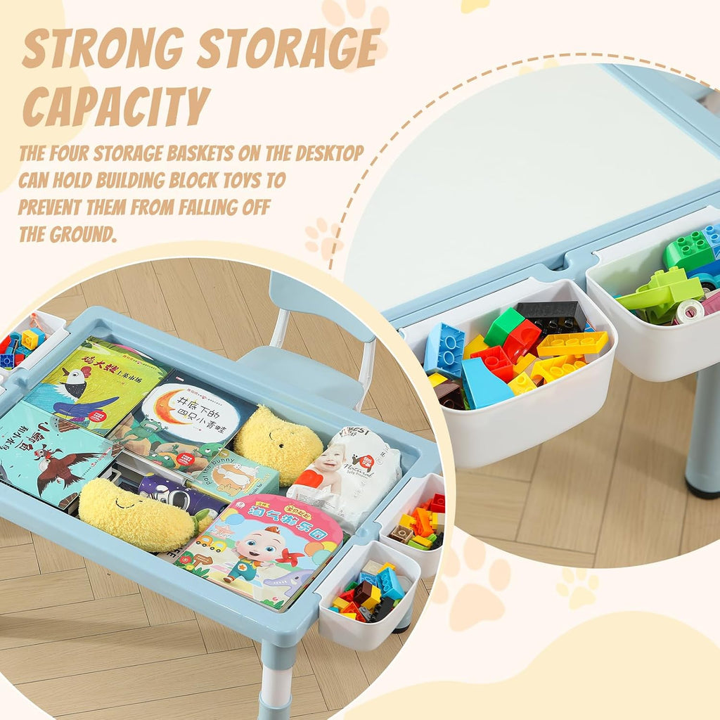Multi Functional Kids Table and 2 Chairs Set, Graffiti & Building Blocks Double-Sided Tabletop, Toddler Play Table with Drawers, Large Storage Space, Gift for Boys/Girls, Blue