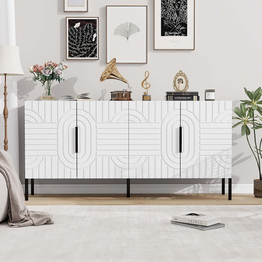 White Buffet Cabinet with Storage: 63" Fluted Sideboard Cabinet with 4 Doors, Wood Credenzas for Living Room, Mid Century Modern Sideboard Cabinets (White)