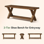 43.3" Solid Wood Bench, Farmhouse Wooden Entryway Bench with Storage Shelf, X-Shaped Leg Design, Entry Way Shoe Benches Seat for Hallway, Kitchen, Bedroom, Living Room