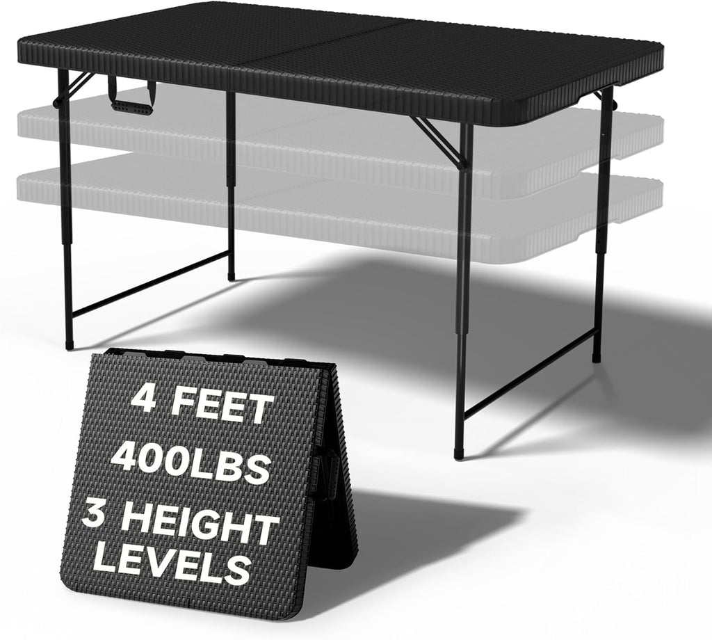 Folding Table 4 Foot, 3-Position Adjustable Height, Heavy Duty 440LBS Capacity, HDPE Wicker Pattern, Portable Tables Folding for Camping, Party, Indoor & Outdoor Use, 1 Pack.