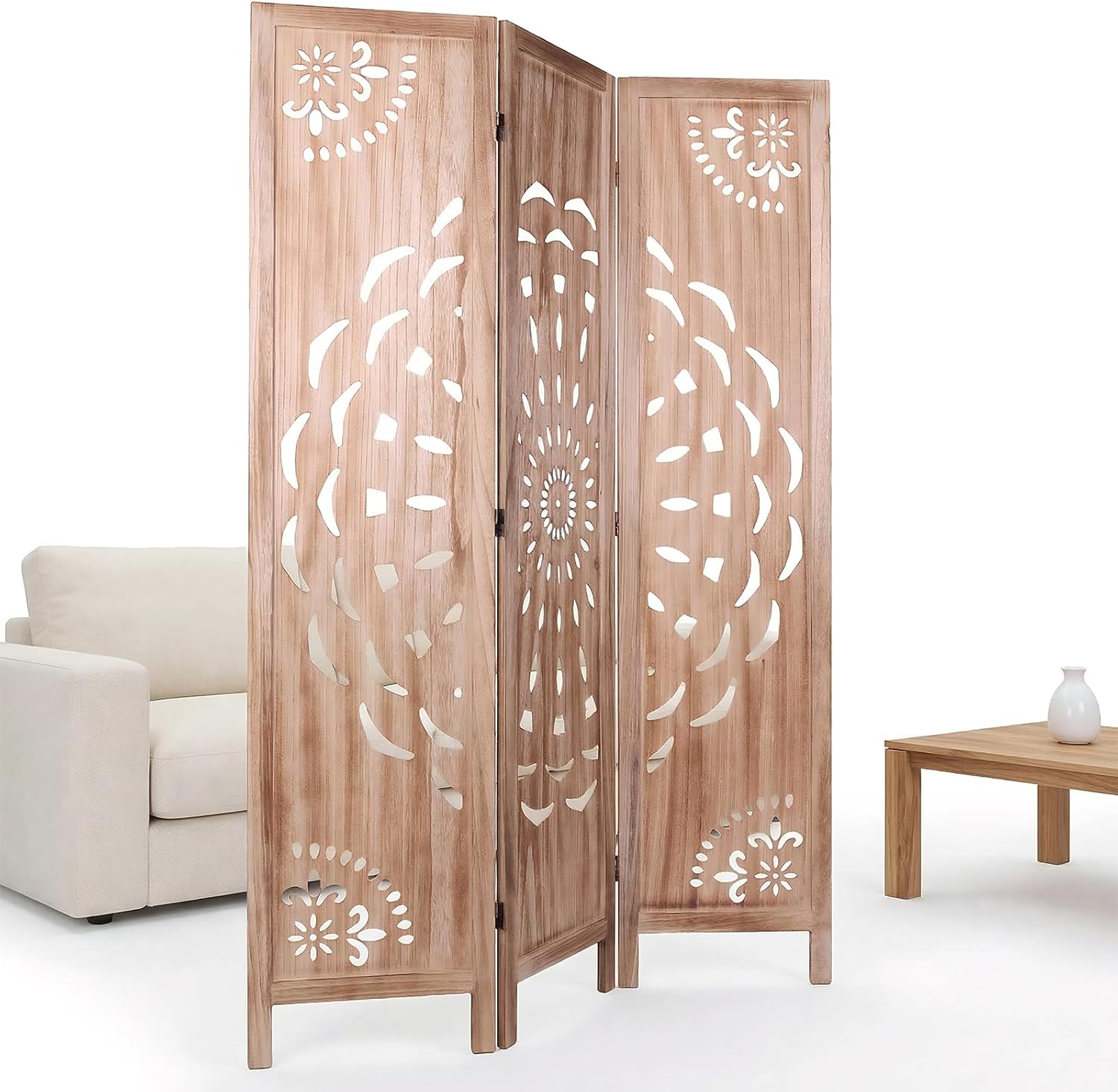 Boho Wood Carved Room Divider 3 Panel 67 Inch, Free Standing Privacy Screen with Anti-Slip Feet, Foldable Partition for Bedroom, Home Office, Headboard and Yoga Backdrop, Brown