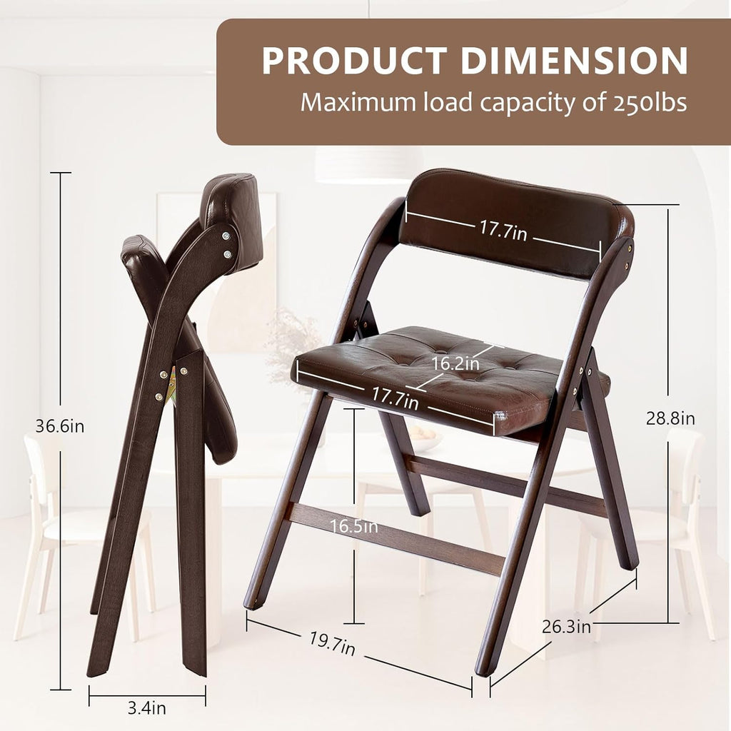 Wood Folding Chairs Set of 2, Upholstered Foldable Dining Chairs with Padded Seat and Backrest, Portable Accent Chairs for Kitchen, Dining Room, Apartment, Guest Seating, Walnut and Brown