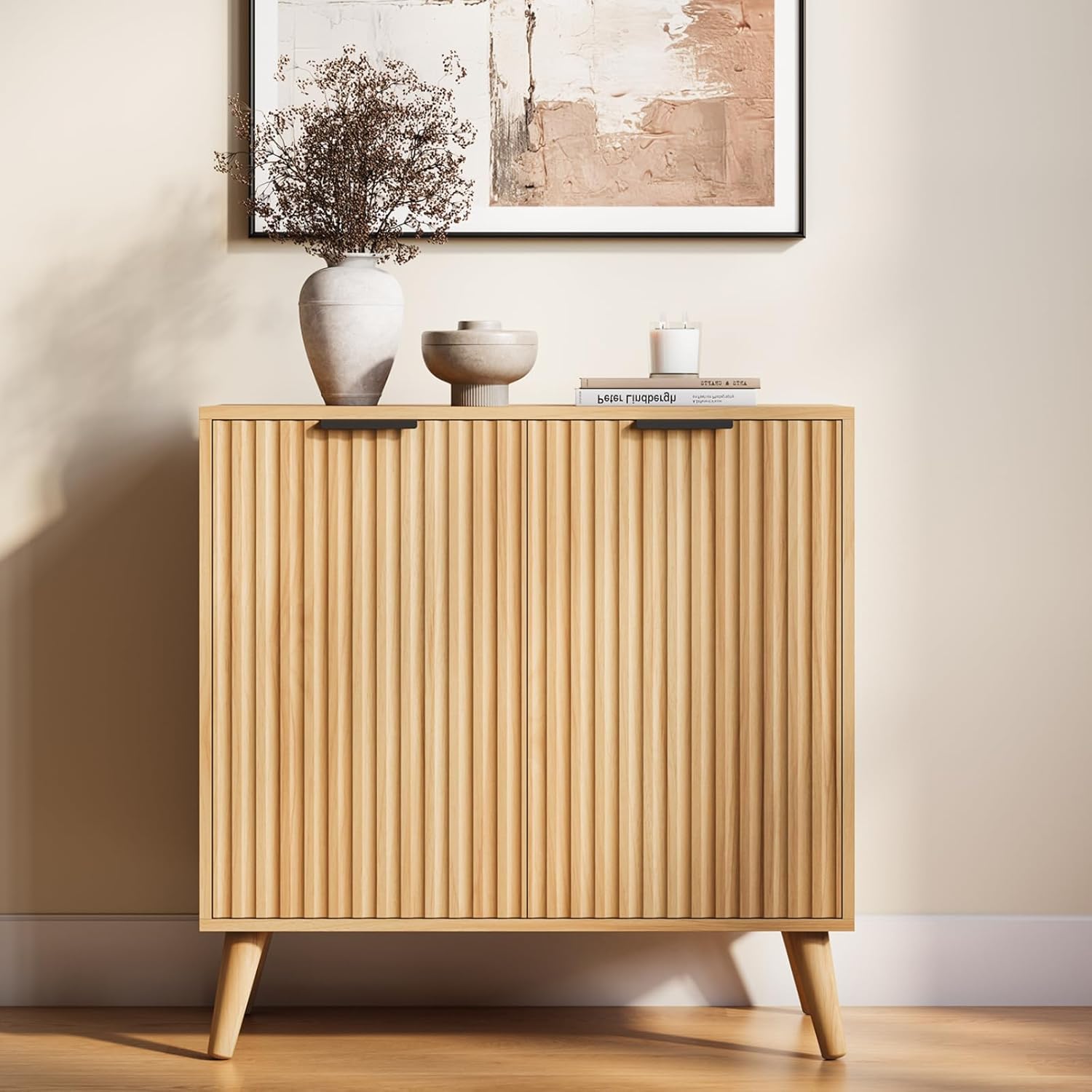 Fluted Sideboard Buffet Cabinet with Storage, 2 Doors Modern Sideboard Cabinet for Living Room, Wood Coffee Bar Cabinets with Adjustable Shelves Accent Credenza for Kitchen, Entryway, Natural