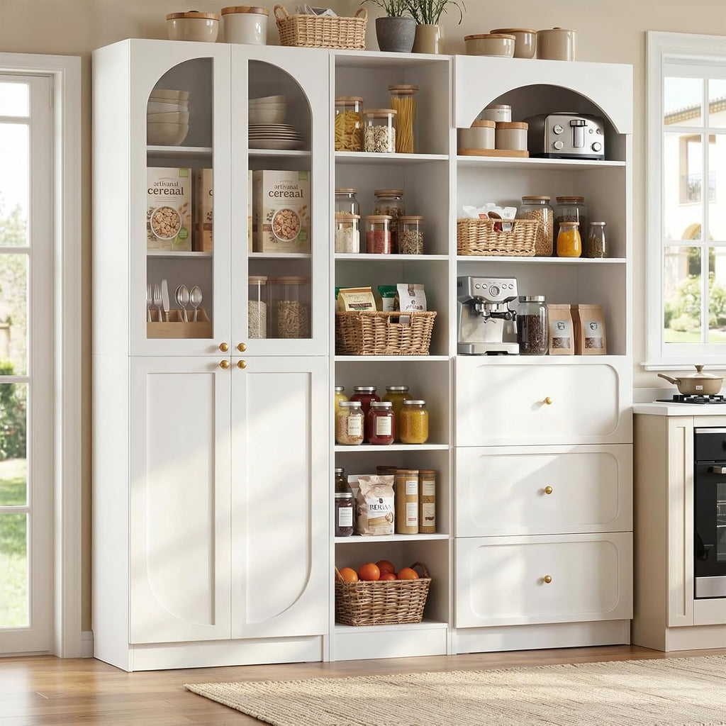 Cyclysio 80" Tall Pantry System with Tempered Glass Doors, Arched Corner Pantries with 3 Drawers, Wooden Cupboard with 6-Tier Open Shelves for Living Room