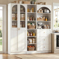 Cyclysio 80" Tall Pantry System with Tempered Glass Doors, Arched Corner Pantries with 3 Drawers, Wooden Cupboard with 6-Tier Open Shelves for Living Room