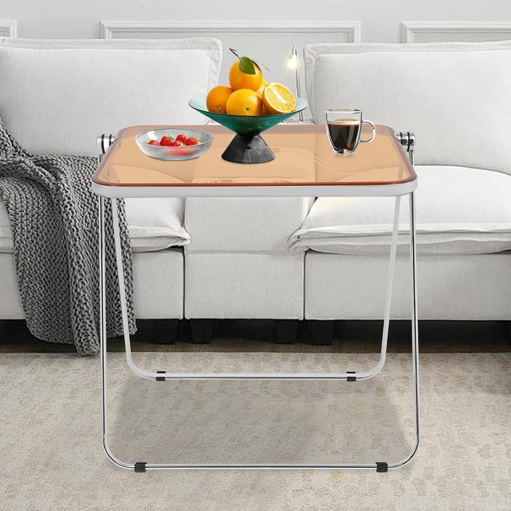 Clear Foldable Side Table, Folding TV Tray Table, Portable Tiny Desk, Small Computer Desk, Space-Saving Side Tables for Home Office (Clear Tea Color)