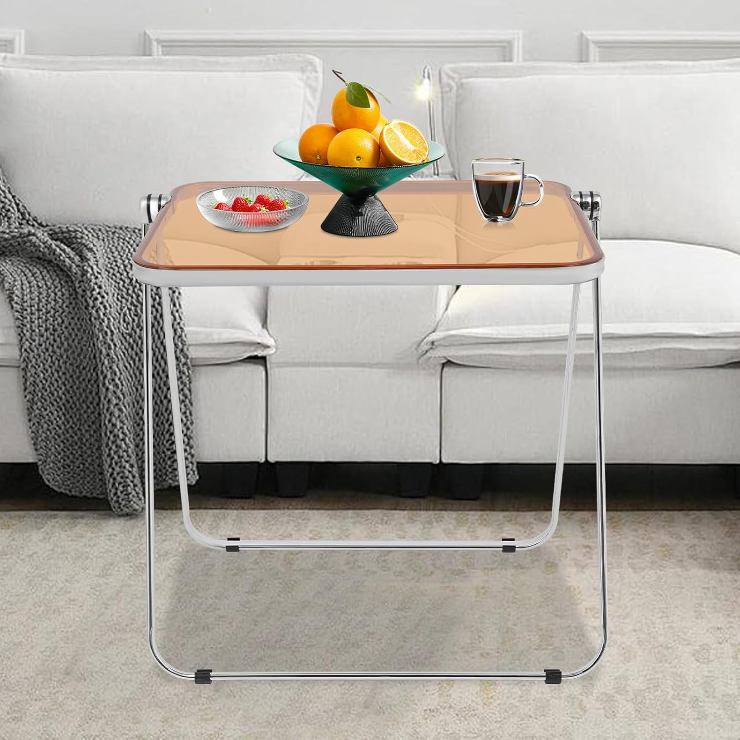 Clear Foldable Side Table, Folding TV Tray Table, Portable Tiny Desk, Small Computer Desk, Space-Saving Side Tables for Home Office (Clear Tea Color)